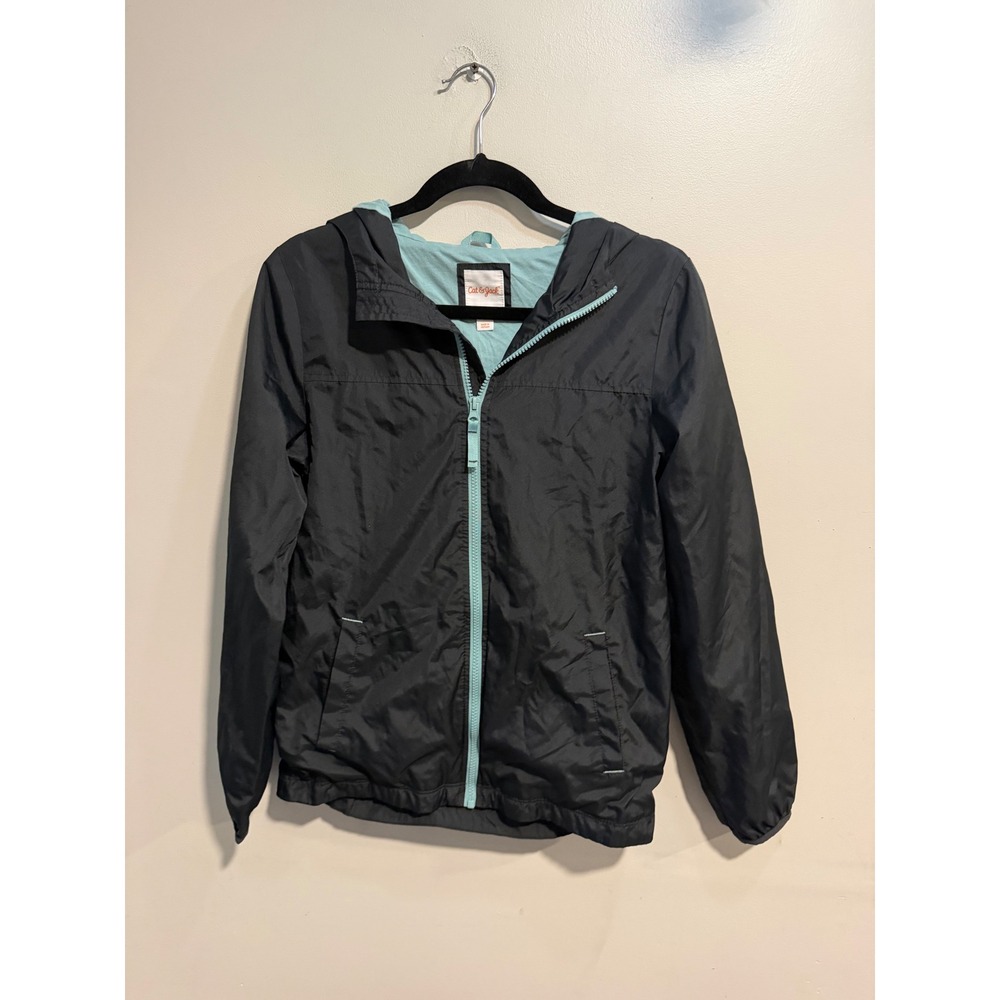 Cat & Jack Kids XL 16 Gray Hooded Windbreaker Jacket Aqua Blue Zip VN1119796